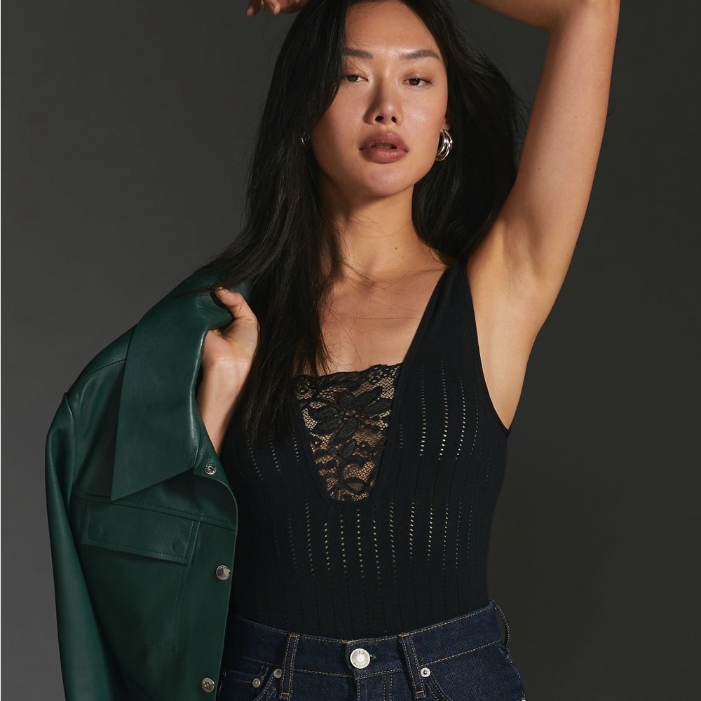 NWT Anthropologie The Addie Pointelle Bodysuit size S/M in Black
